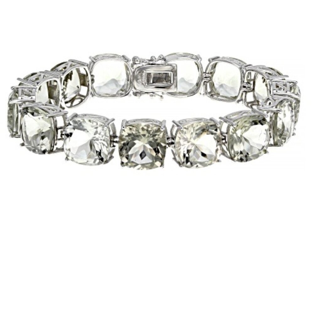 Green Prasiolite Rhodium Over Sterling Silver Line Bracelet 82.50ctw